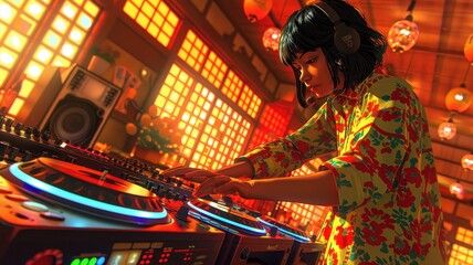 Female DJ mixing music at a vibrant party with colorful lights and traditional decor, creating an energetic atmosphere with her turntables.