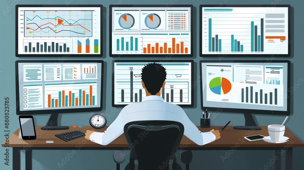 Aufkleber Businessman working with multiple monitors full of charts.