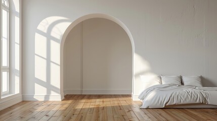 Empty bedroom with white walls wooden floors illuminated arch and no occupants