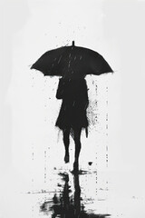 A black and white sketch of a person walking in the rain with an umbrella
