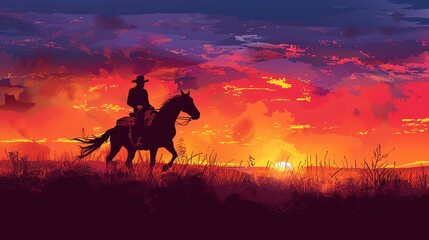 Fototapeta premium Silhouette of a Cowboy Riding a Horse at Sunset.