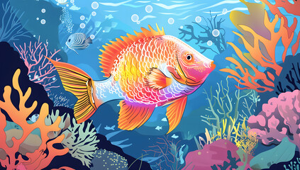 Naklejka premium Vibrant illustration of colorful fish swimming in lively coral reef, surrounded by diverse marine life. The artwork beautifully captures the underwater world with its vivid colors, intricate details
