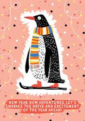 A4 Vector Illustration Christmas and New Year Retro Banner – Hand-Drawn Festive Art with Bright Colors and Cheerful Vibes