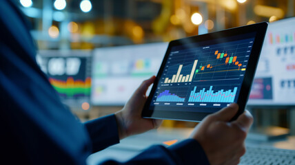 An economist using a tablet to access a big data platform for analyzing global oil prices.