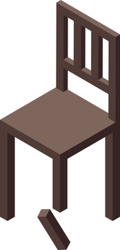 Brown wooden chair with a broken leg falling to the ground, isometric icon