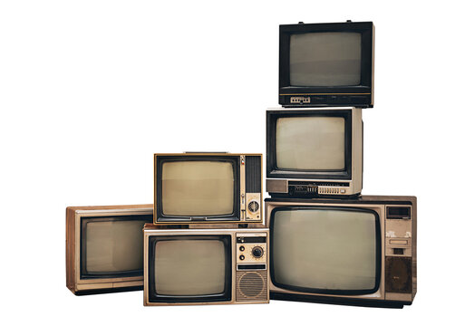 Fototapeta Retro old televisions pile on floor in front with clipping path isolated on white background. Antique and vintage style, TVs blank screen display