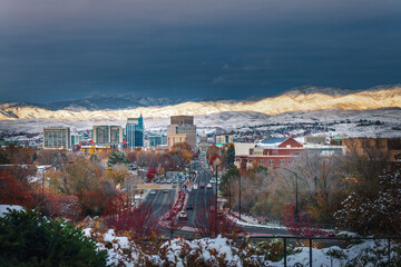 Boise, Idaho downtown with first snow on the mountain