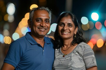 Fototapeta premium Portrait of a smiling indian couple in their 40s donning a classy polo shirt in background of bright city lights