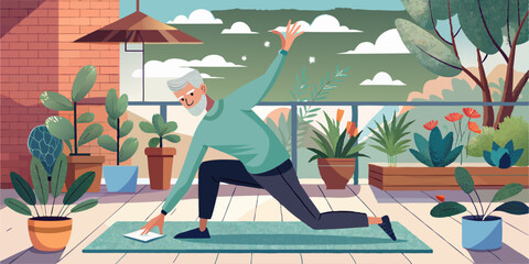 Elderly man doing stretching exercises on a mat outdoors. The area is filled with potted plants and has a bright, natural atmosphere.