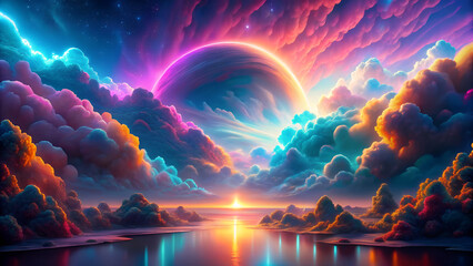 Abstract fantasy background with beautiful sky and neon clouds.
