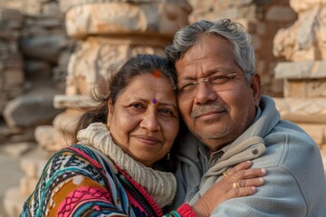 Fototapeta premium Portrait of a cheerful indian couple in their 40s dressed in a comfy fleece pullover isolated on backdrop of ancient ruins