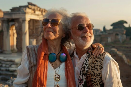 Portrait of a grinning couple in their 60s wearing a trendy sunglasses isolated on backdrop of ancient ruins - Powered by Adobe