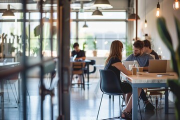 few people at modern coworking interior or at restaurant with laptops working, copy space left