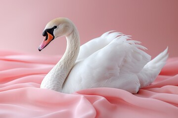 Elegant white swan gracefully resting on soft pink fabric, showcasing beauty, grace, and tranquility in a serene setting.
