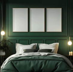 Elegant Bedroom with Green Walls, Cozy Bedding, and Three Empty Mock-up Poster Frames for Wall Art