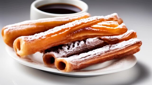  Sweet indulgence  A plate of delicious churros with a cup of rich chocolate
