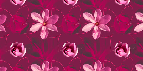 Floral romantic collage with magnolia flower on a pink background. Banner or header