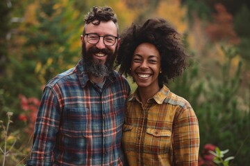 Obraz premium Portrait of a joyful multiethnic couple in their 30s dressed in a relaxed flannel shirt on backdrop of an idyllic countryside