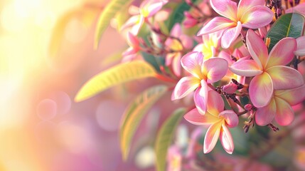 Plumeria flowers in pink and yellow colors on a tree with blank space