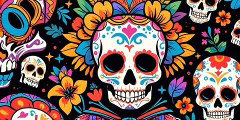 Day of the Dead skull pattern. Day of the Dead print. Textures of the Day of the Dead and Mexican Halloween. Traditional Mexican festival. Day of the death sugar skull isolation. day of the dead.