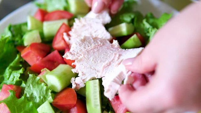 Grilled chicken and fresh vegetable salad on table. chicken breast in salad