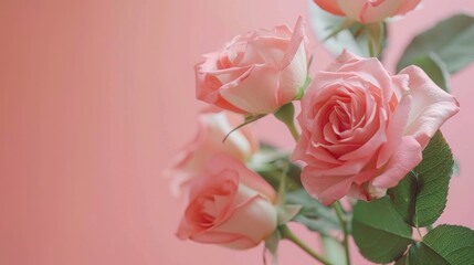 Delicate rose bouquet on light pink background with copy space and pastel frame