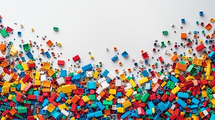 Colorful Plastic Building Blocks Scattered on White Background.