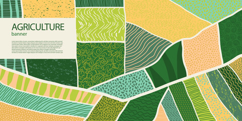 Agriculture field pattern banner, aerial view. Countryside grassland, farm land from top. Geometric farmland patches, padded mosaic country background, natural patchwork texture © Lidiia Shapoval