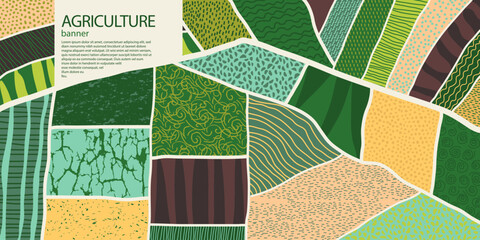 Agriculture field pattern banner, aerial view. Countryside grassland, farm land from top. Geometric farmland patches, padded mosaic country background, natural patchwork texture © Lidiia Shapoval