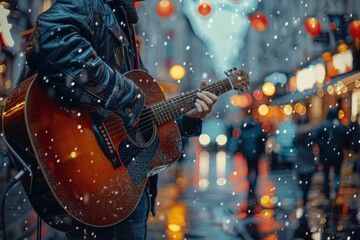Street Musician Playing Acoustic Guitar in Snowy Urban Setting with Blurred City Lights in Background