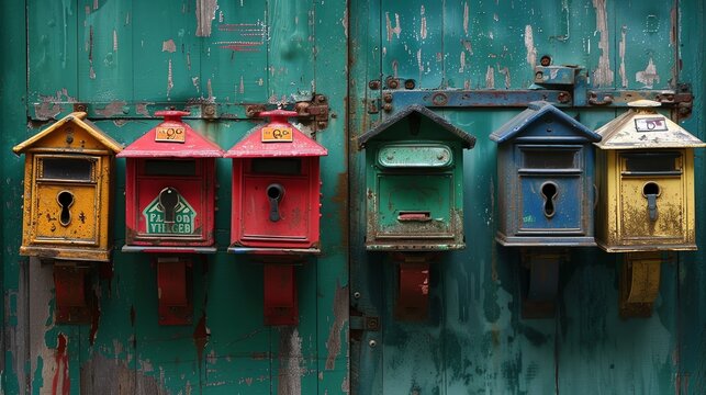 Row of colorful mailboxes on a teal wall.