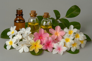 Plumeria Flowers and Essential Oils, knolling arrangement.