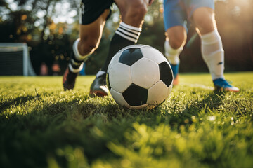 Fototapeta premium Soccer sports. Football players fighting for a ball on grass in a classic soccer field