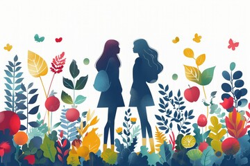 Obraz premium Two young women with backpacks communicating, silhouettes isolated on white among colorful flowers, leaves and butterflies. Happy spring or summer day concept