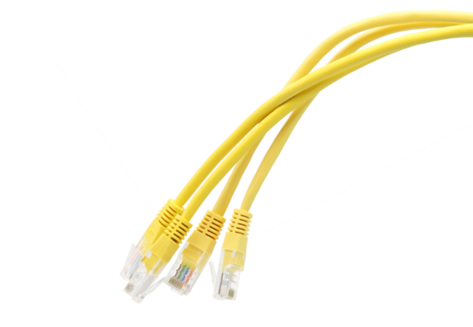 Yellow network cables with molded RJ45 plug on transparent background (PNG File)