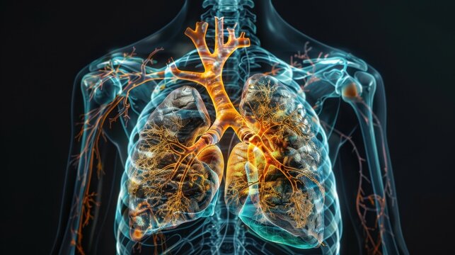 Human heart with vessels, lungs, bronchial tree, and cut rib cage, X-ray effect on black background, highlighting anatomy.