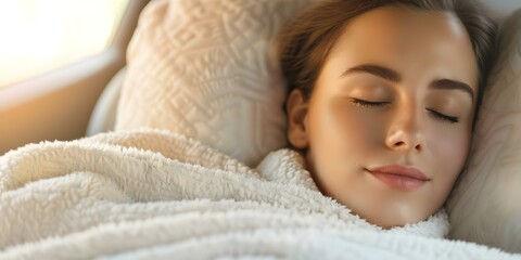 Woman using a car blanket for sleep therapy while listening to relaxing sounds. Concept Sleep Therapy, Relaxing Sounds, Car Blanket, Woman, Relaxation