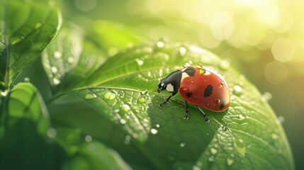 Obraz premium Ladybug on green leaf in sunny day with fresh foliage and sunlight