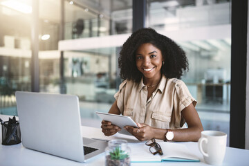 Laptop, tablet and portrait of black woman in office with notes, planning or happy corporate...