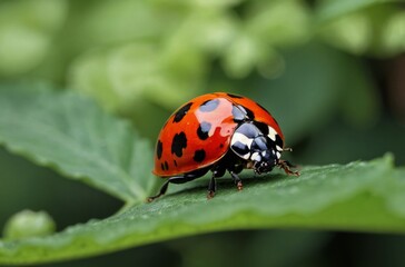 Fototapeta premium Red ladybug with black spots rests on vibrant green leaf in garden setting