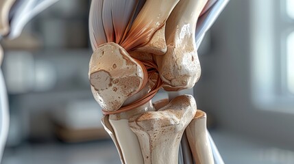 Detailed artwork of a human knee joint, showing the anatomical structure and intricate details of ligaments and bones.