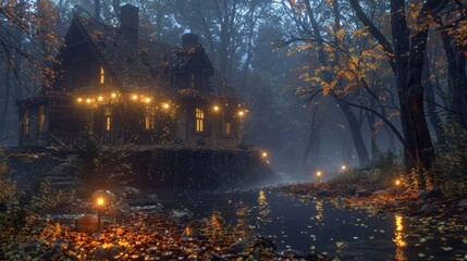 Abandoned house with lights in a misty autumn forest at night, rendered in a haunting, photorealistic 3D illustration.