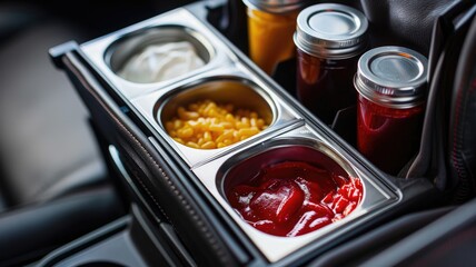 Car condiment holder with jars and food containers filled various sauces snacks in vehicle's console