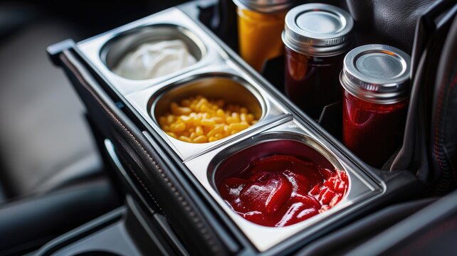 Car condiment holder with jars and food containers filled various sauces snacks in vehicle's console
