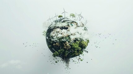An image showing a double exposure of a globe with various renewable energy sources radiating from it, set against a white background, symbolizing the global push for net zero