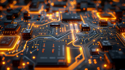 Close-up of a glowing computer motherboard with intricate circuitry and components.