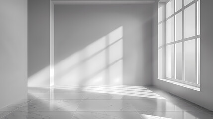 Fototapeta premium Sunlight streaming into a minimalistic, empty room with large windows and clean, white walls.