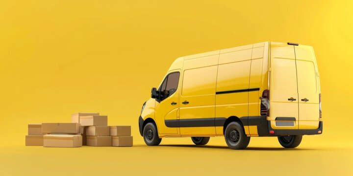 minimalist cartoon flat design logistics postal delivery box car with lots of cardboard parcel boxes. isolated on yellow background