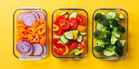 Colorful Cooked Veggies in Sealed Glass Containers on a Yellow Background for Meal Prep. Concept Food Photography, Meal Preparation, Colorful Veggies, Glass Containers, Yellow Background