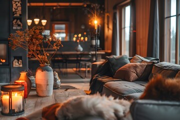 Cozy Cabin Interior with Warm Lighting and Rustic Decor